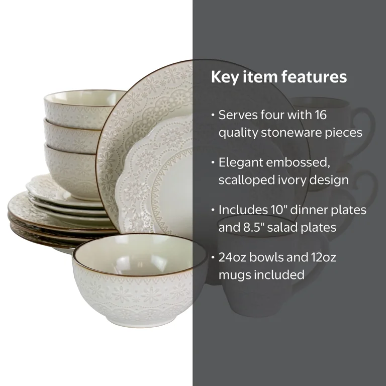 Elama Contessa 16 Piece Embossed Scalloped Stoneware Dinnerware