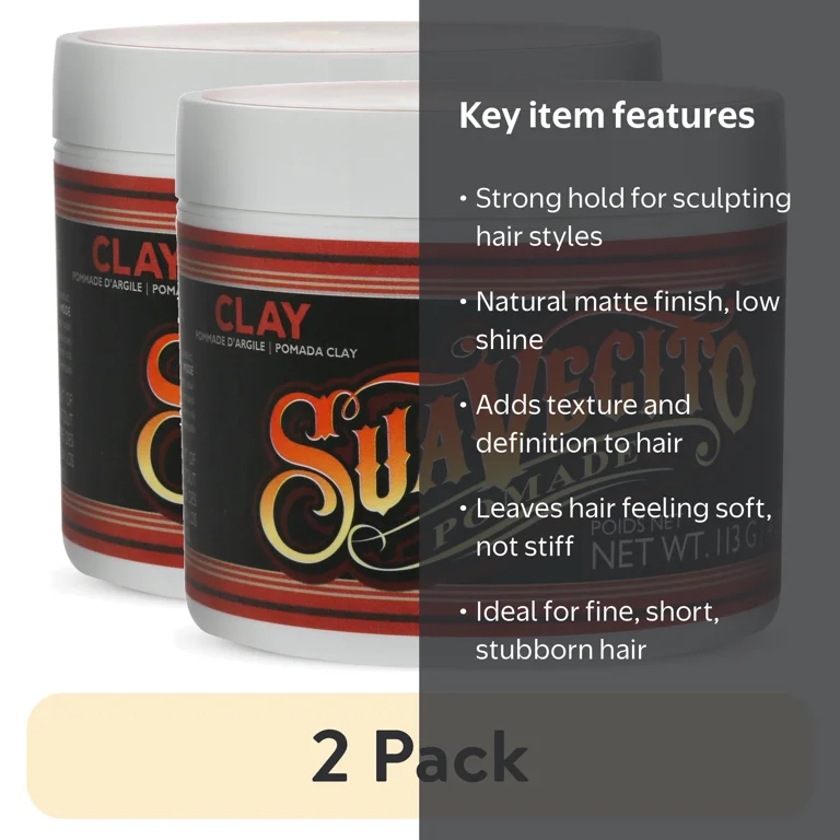 2 pack) Suavecito Firme Clay Pomade, for All Hair Types, Men, 4 oz