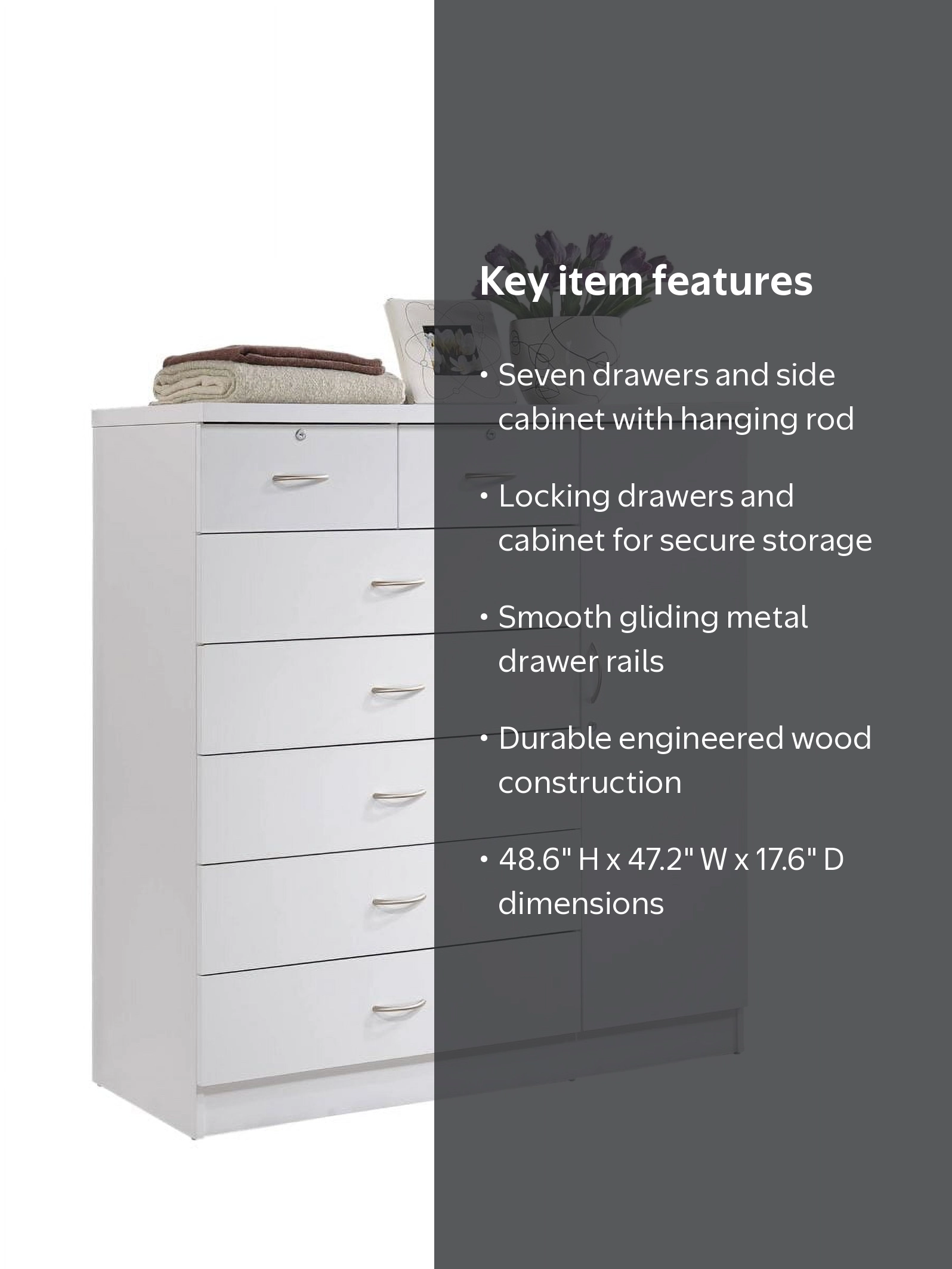 Hodedah 7-Drawer Dresser with Side Cabinet equipped with 3-Shelves