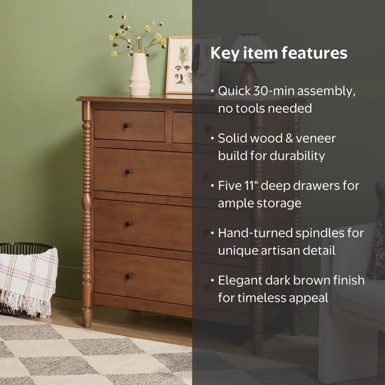 Walker Edison, Dresser, 5-Drawer, Solid Wood Spindle Dark Brown