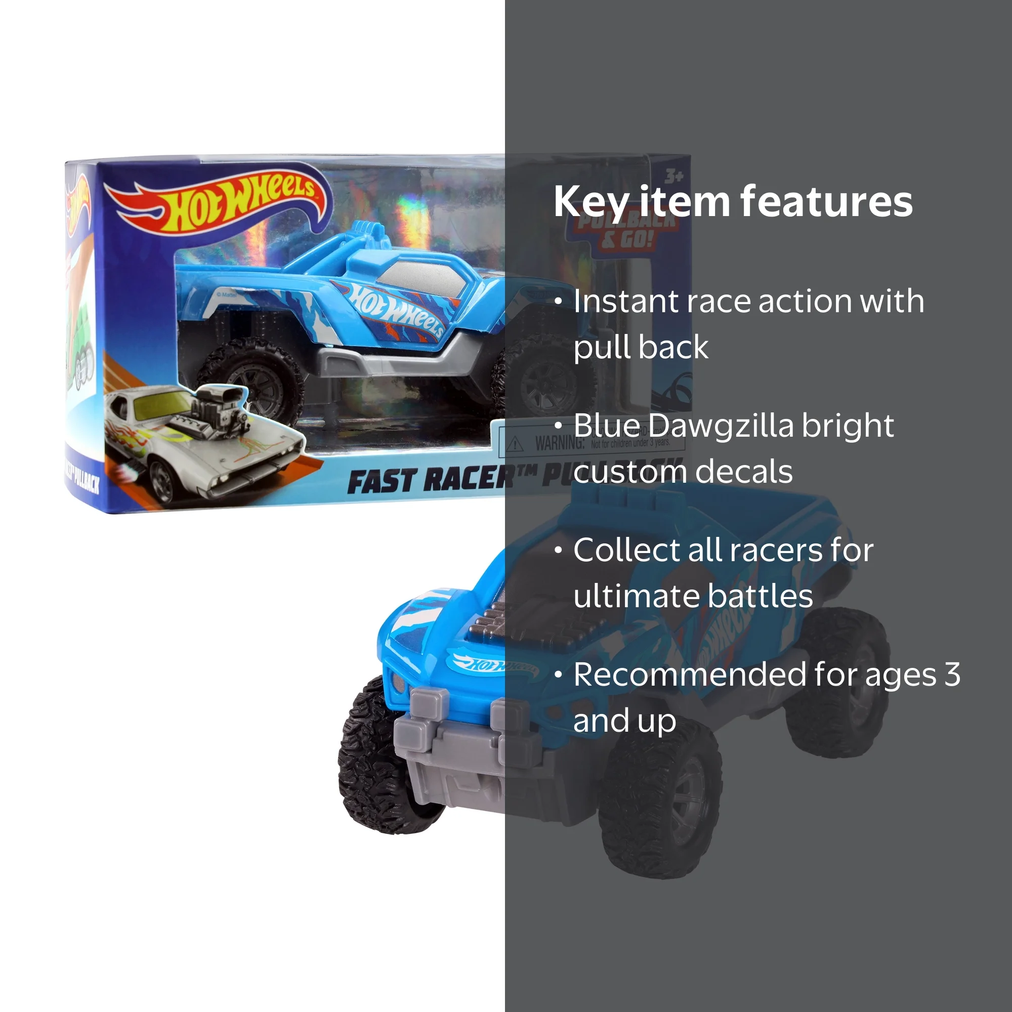 Hot Wheels Pull Back Racers - Blue Dawgzilla, Kids Toys for Ages 3