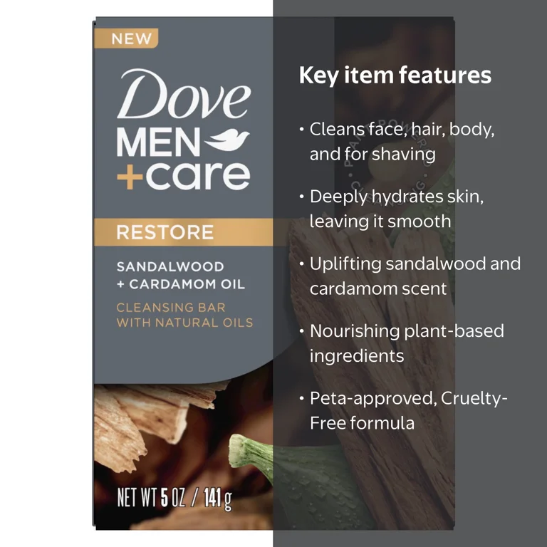 Dove Men+Care 4-in-1 Cleansing Bar, 5 oz, Sandalwood and Cardamom