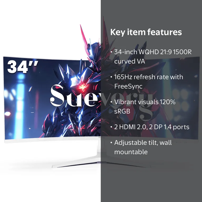 Suevery 34 inch WQHD Ultrawide Curved Gaming Monitor, 165Hz