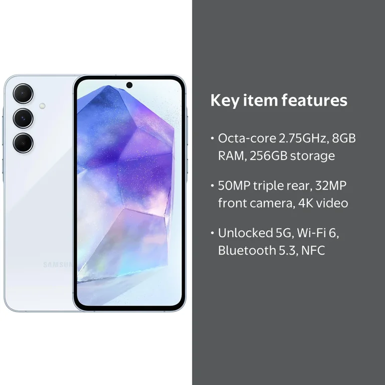 Samsung Galaxy A55 5G, 4G LTE, 256GB, 8GB, Unlocked, Triple 50MP
