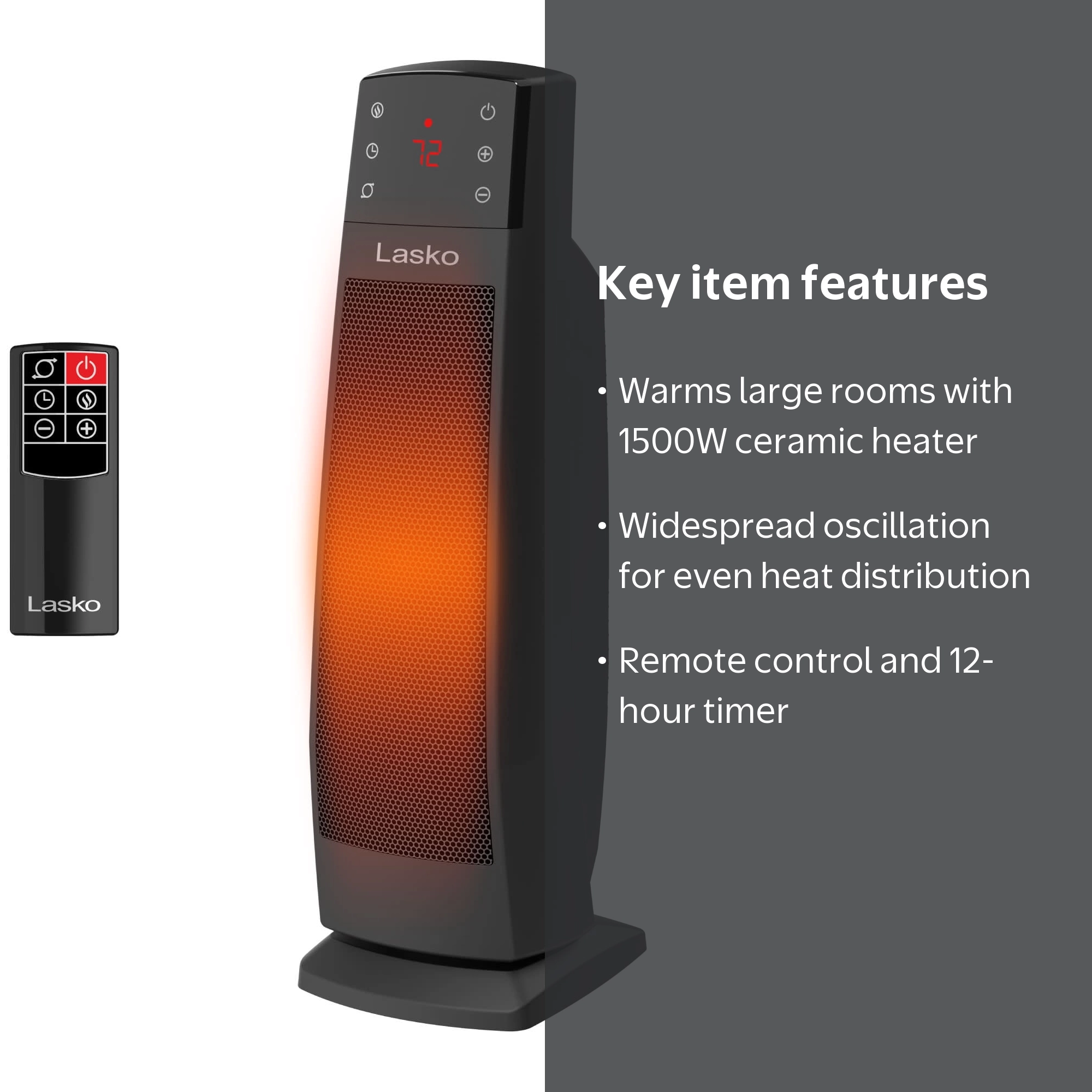 Lasko CT22850 Black 1500W 3 Speed, Oscillating, Remote, Timer