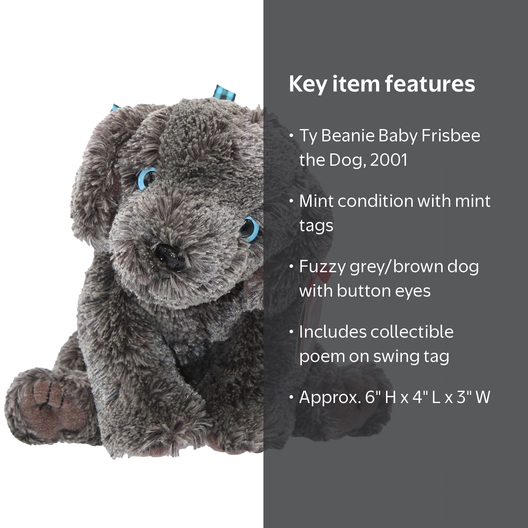 Ty, Beanie Baby, Frisbee the Dog, Mint with tags, grey brown plush
