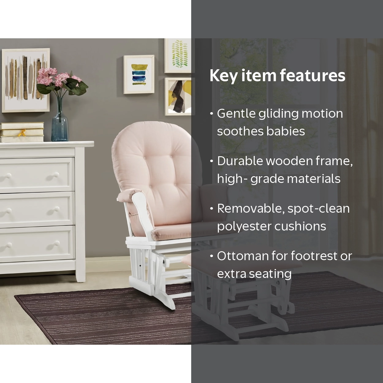 Angel Line, Windsor Glider and Ottoman, White Finish, Pink