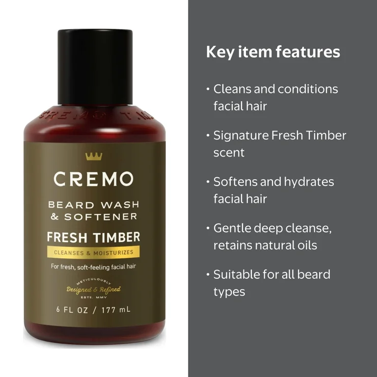 Cremo 2-in-1 Beard Wash & Softener, Fresh Timber Scent, 6 fl oz