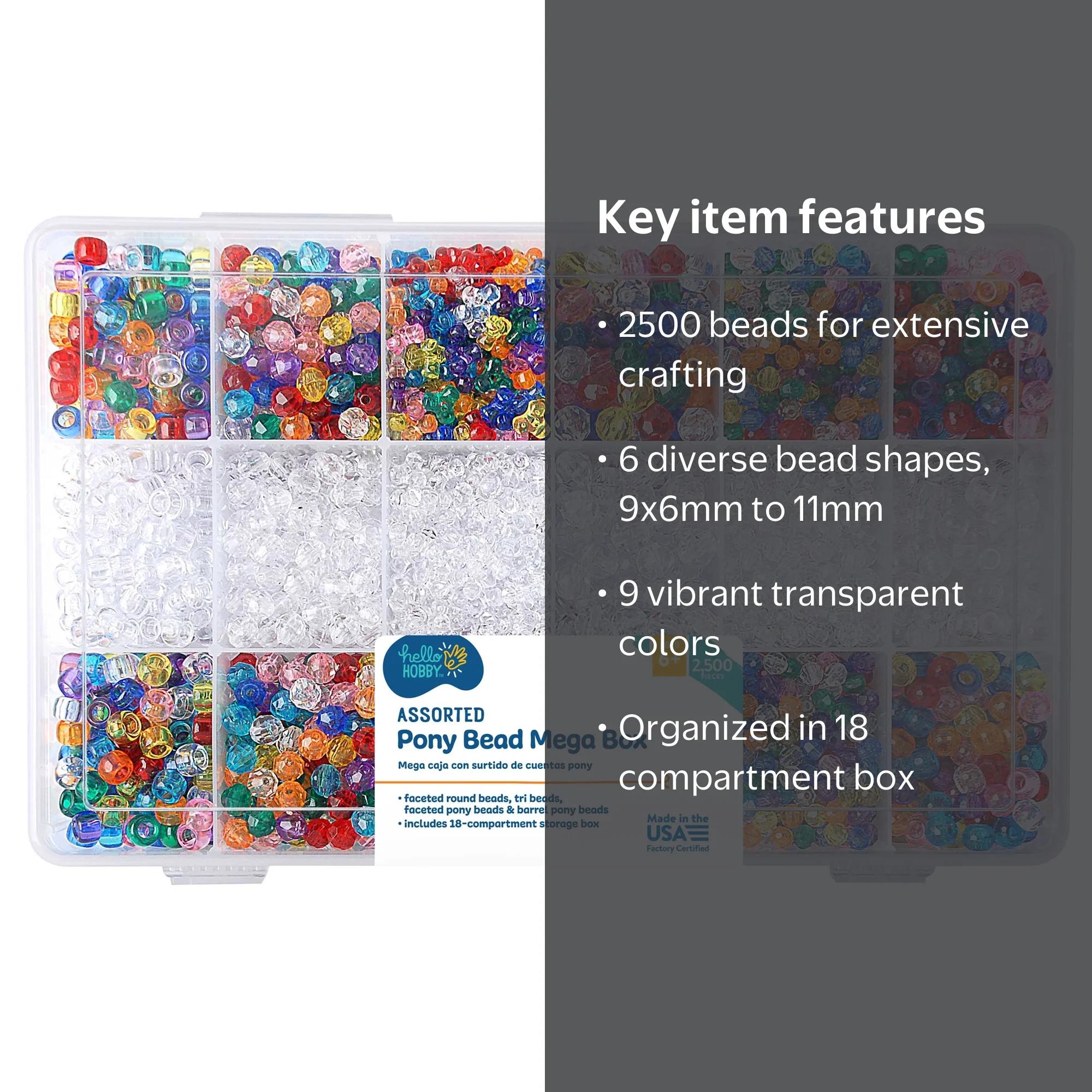 Hello Hobby Transparent Craft Bead Box, 2500 Pieces, 18