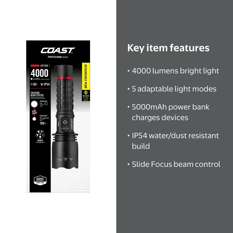 coast professional rechargeable flashlight XP11R 2600 Lumen USB-C LED with Slide Focus and Pure Beam Focusing Optic, 4 Light Modes, Black roll tail cap Coast Professional XP11R Rechargeable Flashlight