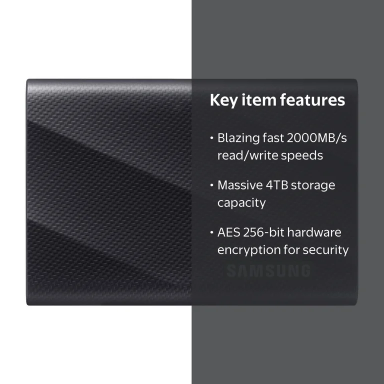 Samsung T9 4TB Portable SSD, USB 3.2 Gen 2x2, NVMe, Black