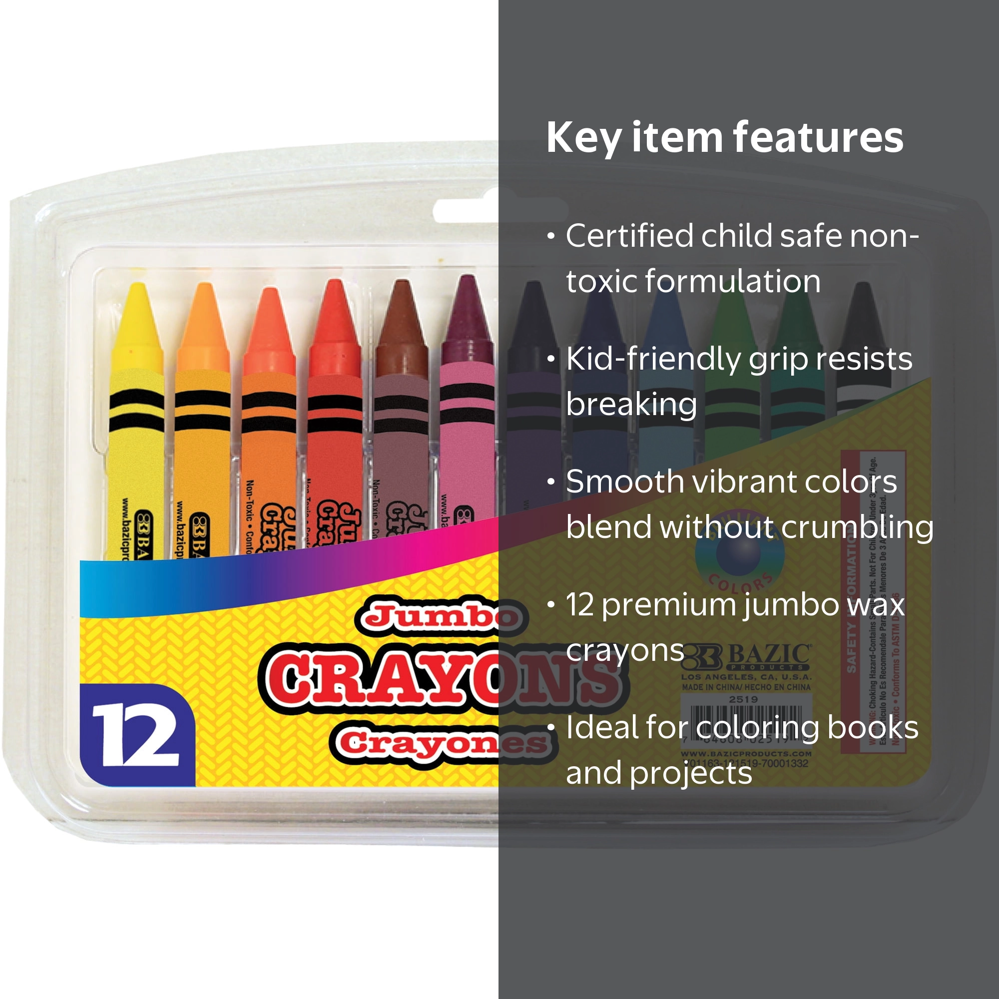 BAZIC Jumbo 12 Color Crayons, Large Size, Assorted, Non Toxic, 1