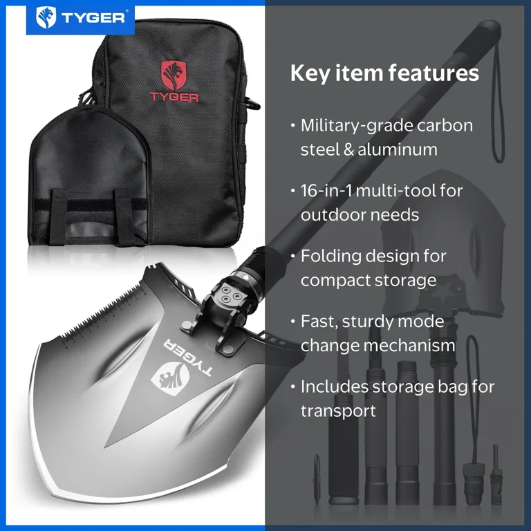 Tyger Auto, Multitool Folding Shovel, TG-SV8U3217, Heavy-duty