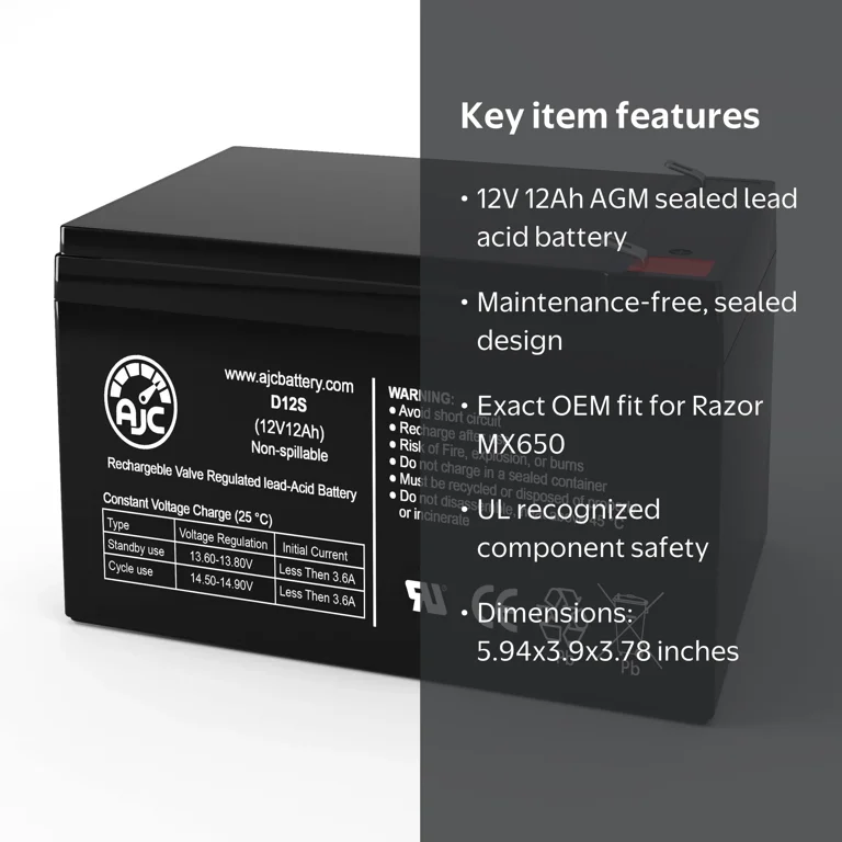 Razor Dirt Rocket MX650 12V 12Ah Electric Scooter Battery - This