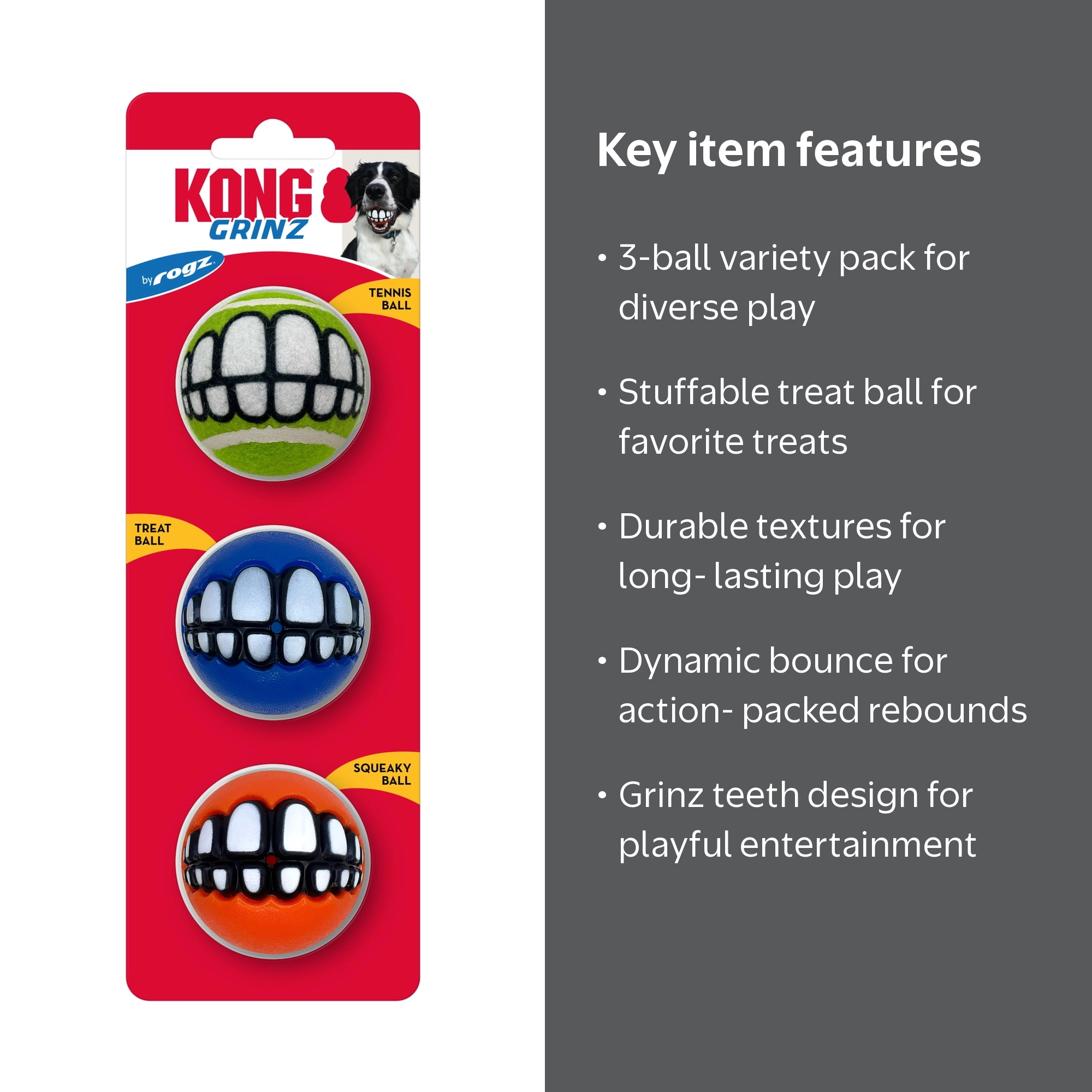 KONG® Grinz Tennis Balls by Rogz Dog Toys, Variety Pack, Small, 3