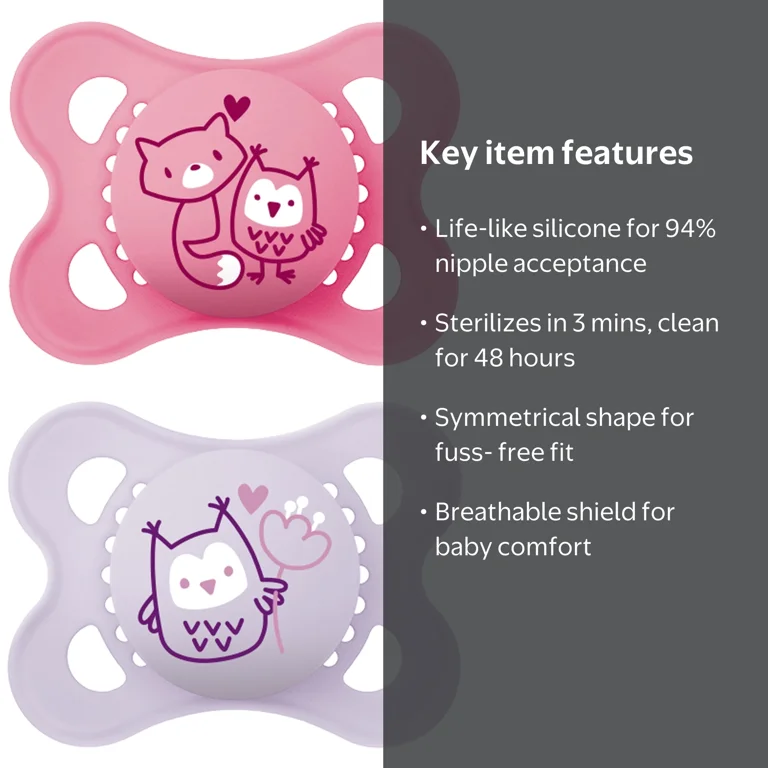 MAM Baby Girl Orthodontic Silicone Pacifier 0-6 Months with Self
