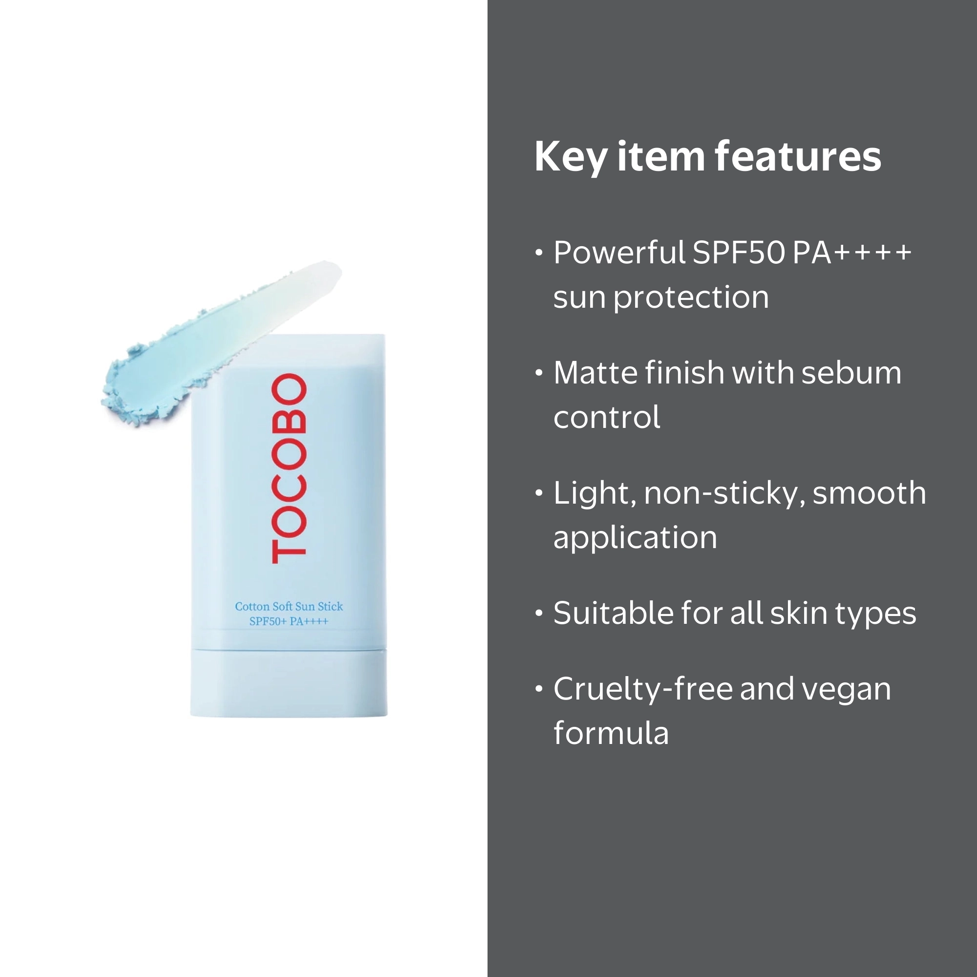 Tocobo Cotton Soft Sun Stick, 19g, SPF 50+ PA++++, Vegan, Non-greasy,  Sunblock Face Protector, Matte Sunscreen Blocker