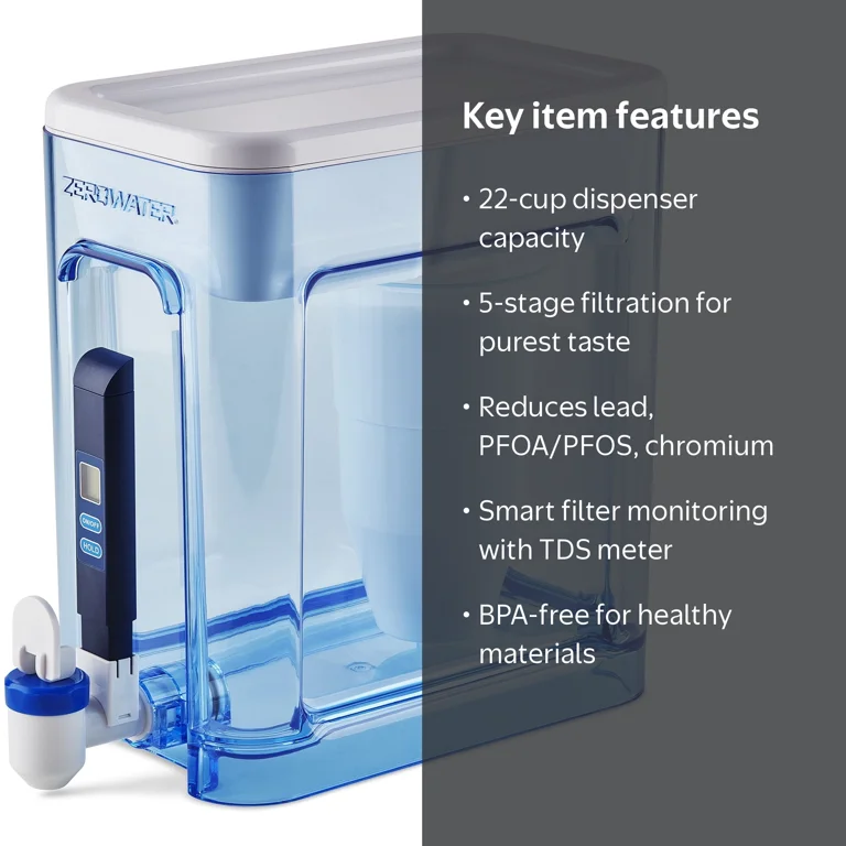 ZeroWater, Water Filtration Dispenser, 22 Cup, Ready-Read 5-Stage