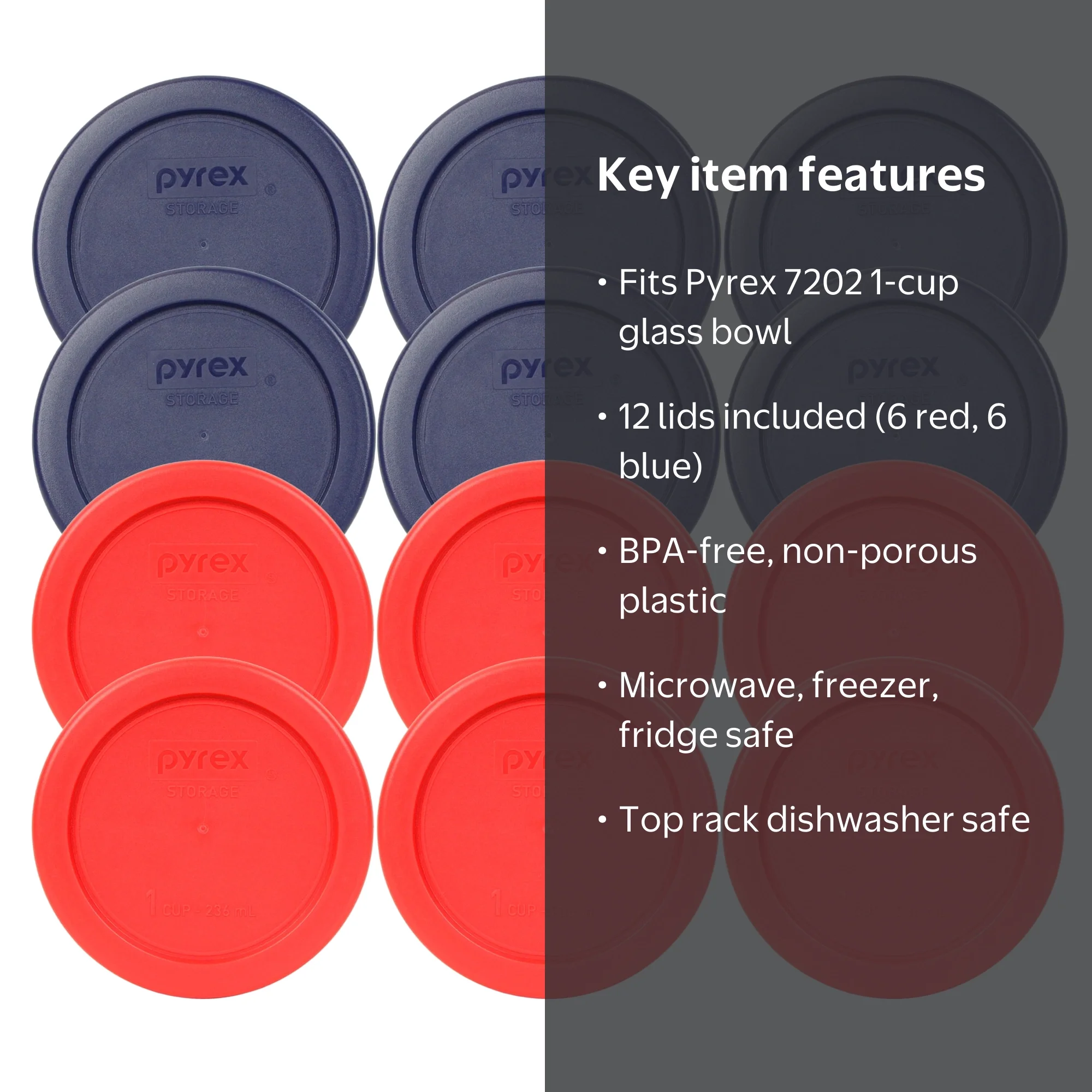 Pyrex (6) 7202-PC 1-Cup Round Red Lids & (6) 7202-PC 1-Cup Blue Lids -  Walmart.com