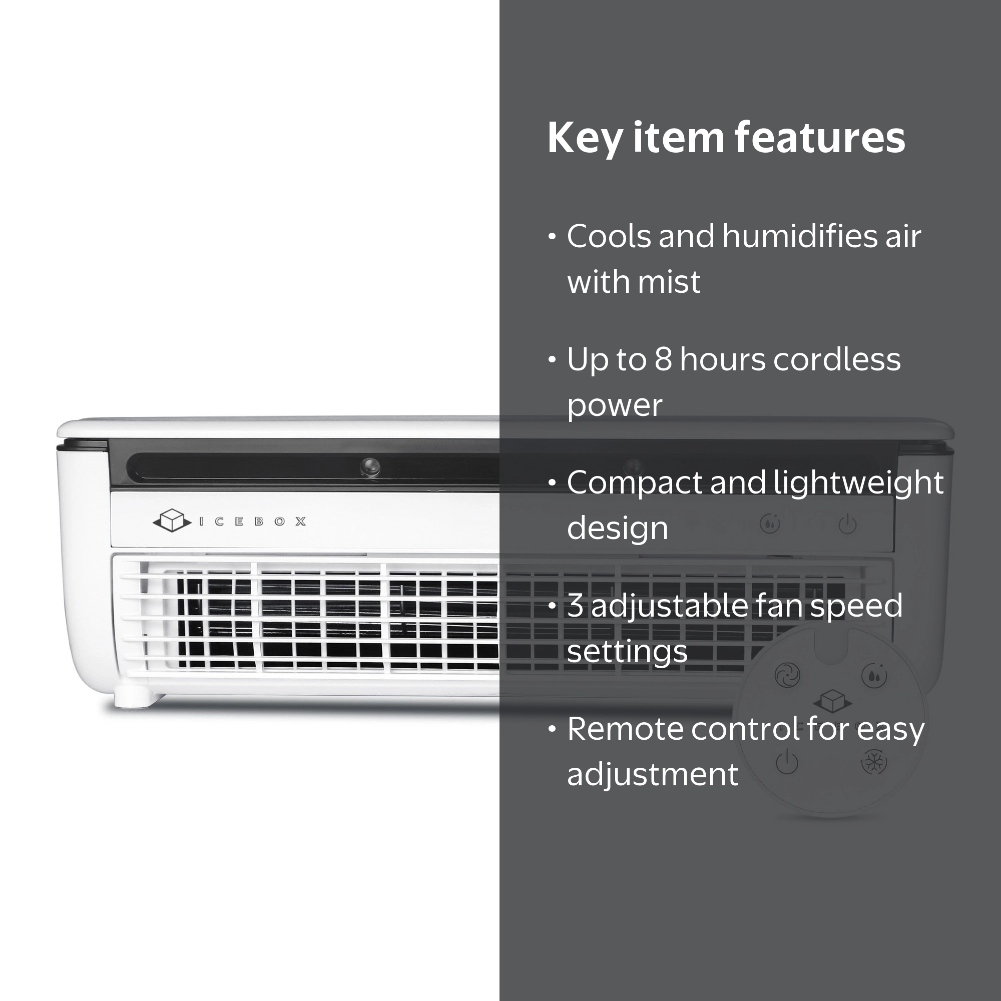 Icebox, Cooling Mist Fan, Portable with 8-Hour Run Time, 3 Speeds