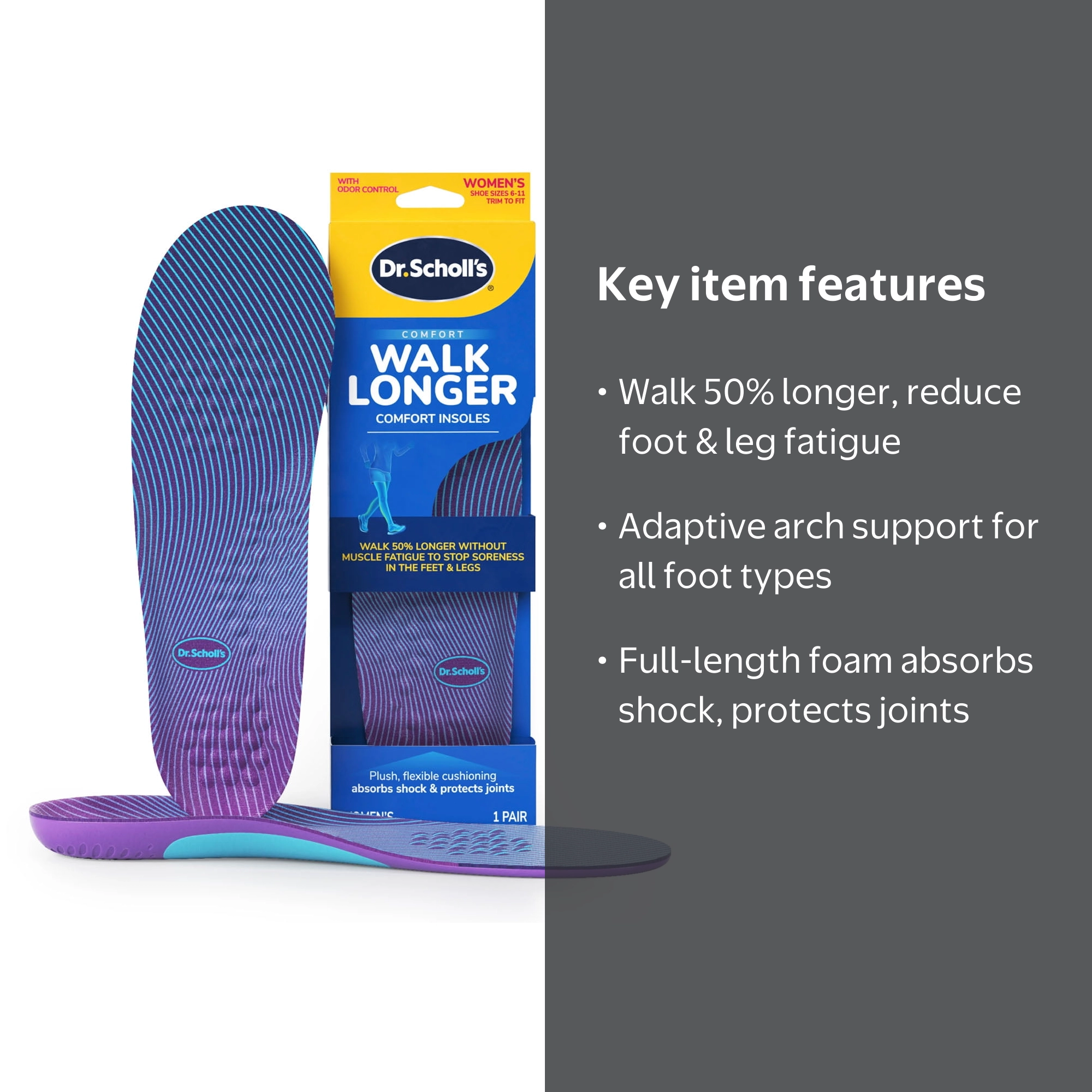 Dr. Scholl's, Walk Longer Insoles, Sizes 6-10, Comfortable Plush
