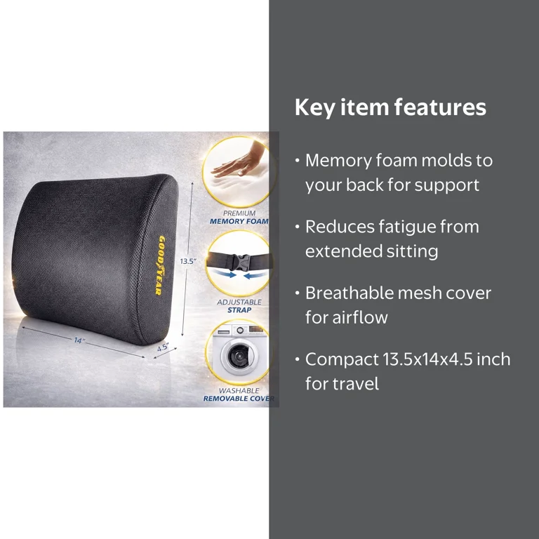 Goodyear Lumbar Pillow for Car, Memory Foam Back Support, Black