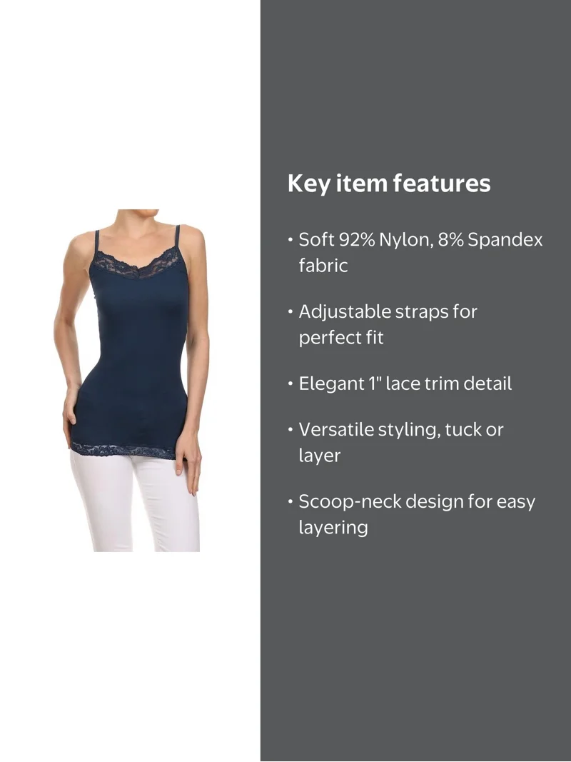 Yelete Women's Spaghetti Lace Trimmed Tank Top, Denim Blue, Soft