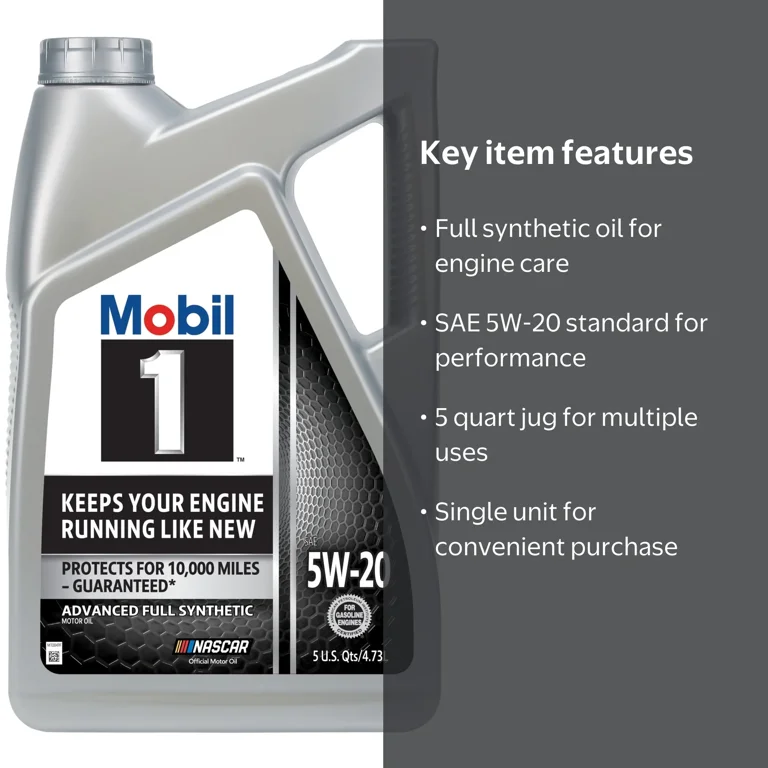 Mobil, Motor Oil, SAE 5W-20, 5 Quart Jug, Full Synthetic - Walmart.com