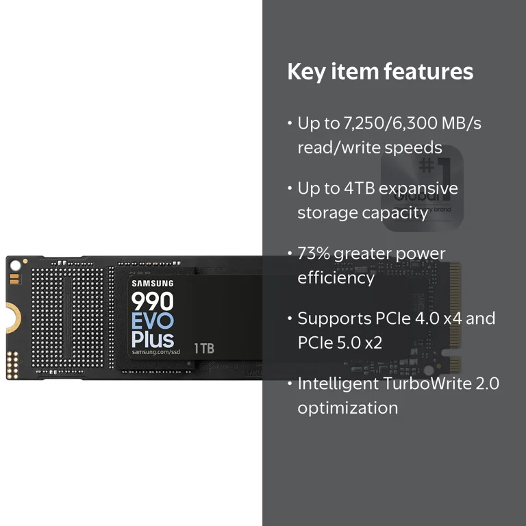 Samsung 990 EVO PLUS SSD 1TB, PCIe Gen 4x4, Speeds Up to 7,250 MB