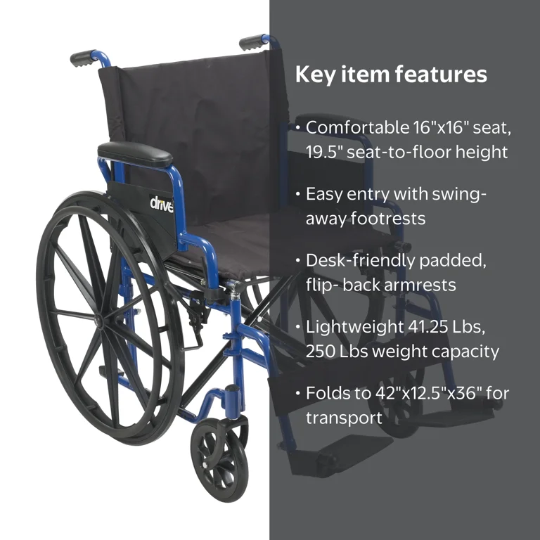 Drive Medical Blue Streak 軽量車椅子 折りたたみ式 Drive Medical Blue Streak Wheelchair with Flip Back Desk Arms