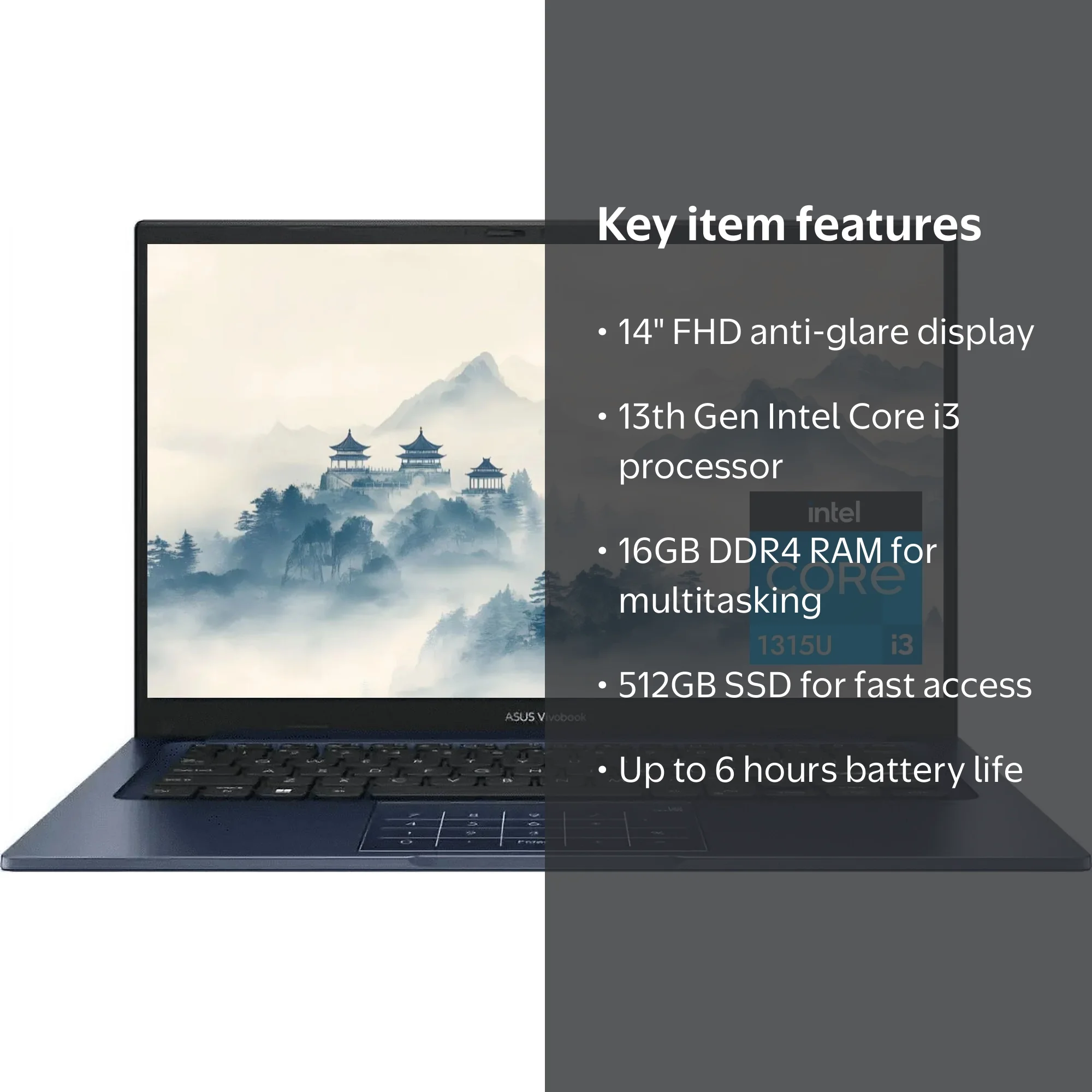 ASUS Vivobook 14 in Laptop, Intel Core i3 1315U, 16GB RAM, 512GB