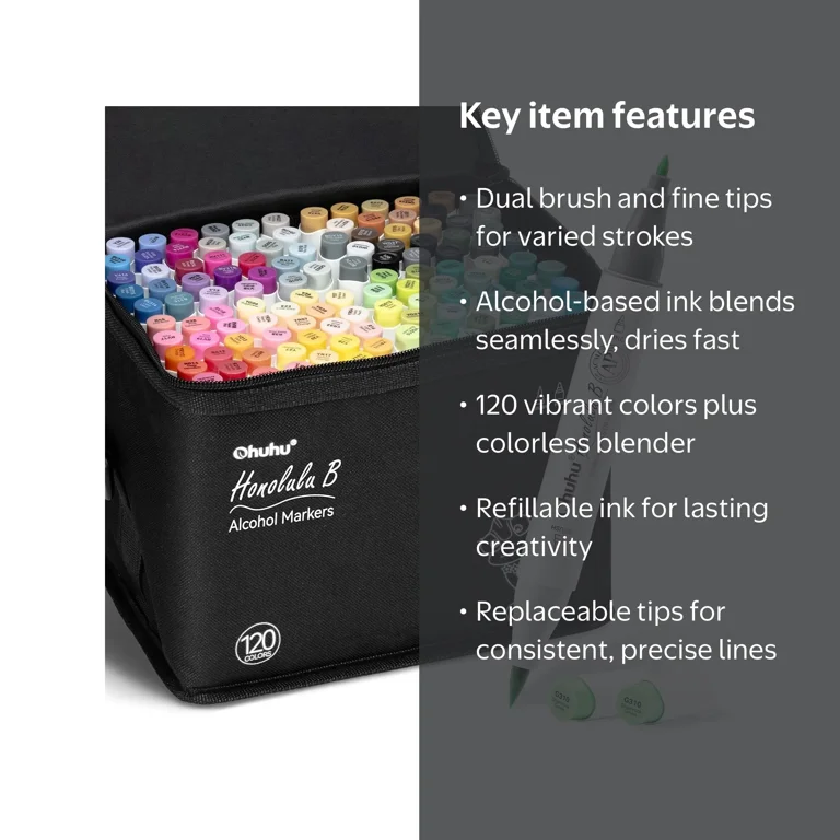 Ohuhu 120 Colors Brush-and-Fine Dual Tips Alcohol-Based Markers