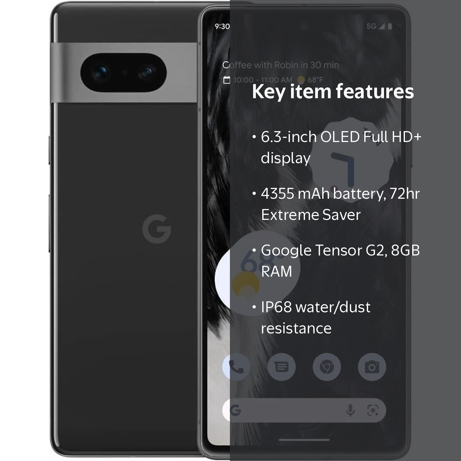 Google, Smartphone, 6.3-inch OLED, 128 GB, Black, Android 13