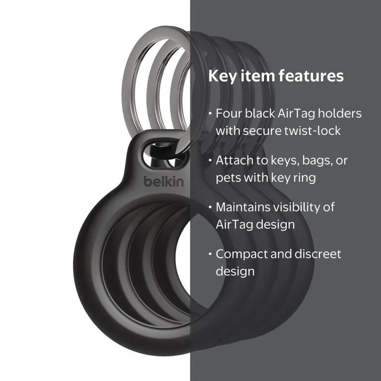 【中古】Apple AirTag 3個セット Belkinケース付き Belkin, Apple AirTag Secure Holder with Key Ring, 4-Pack, Black