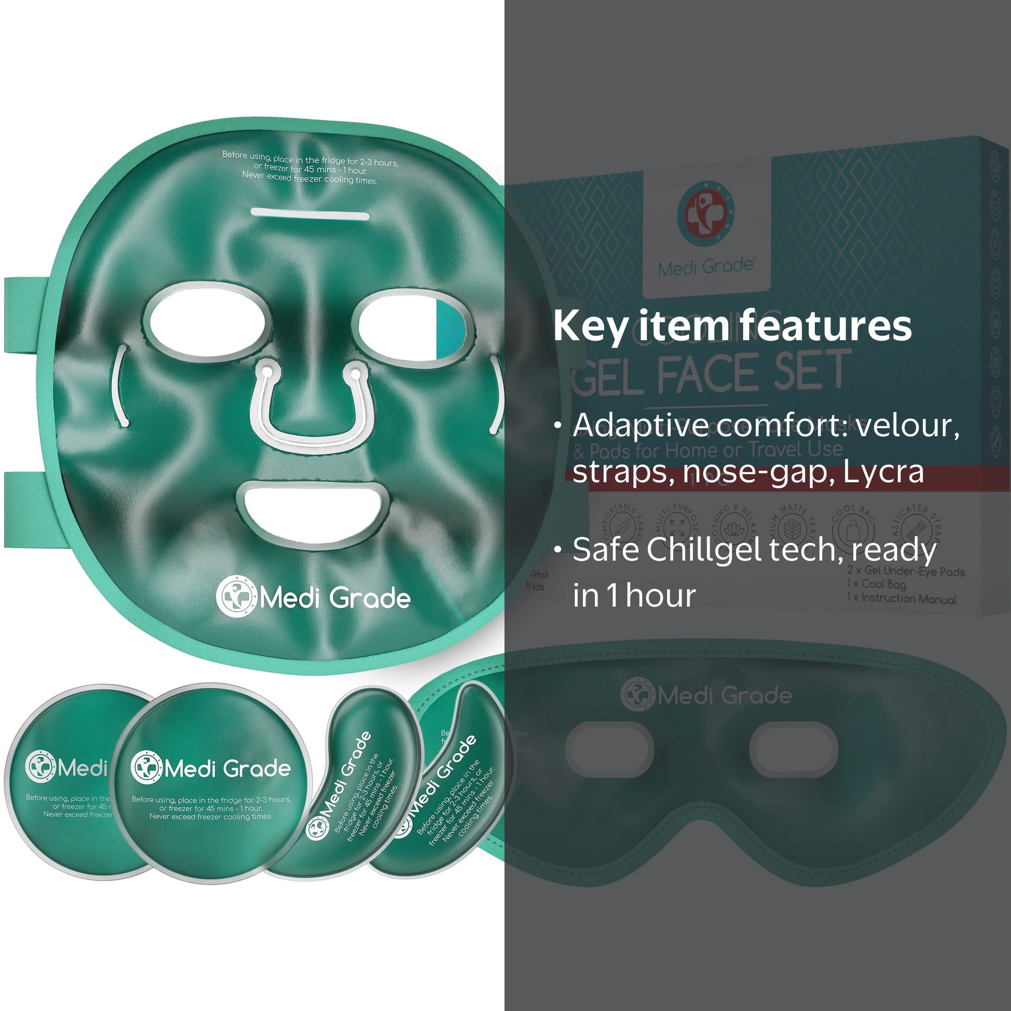 Medi Grade Cooling Eye and Face Mask, Freezable Cold Gel Mask Set