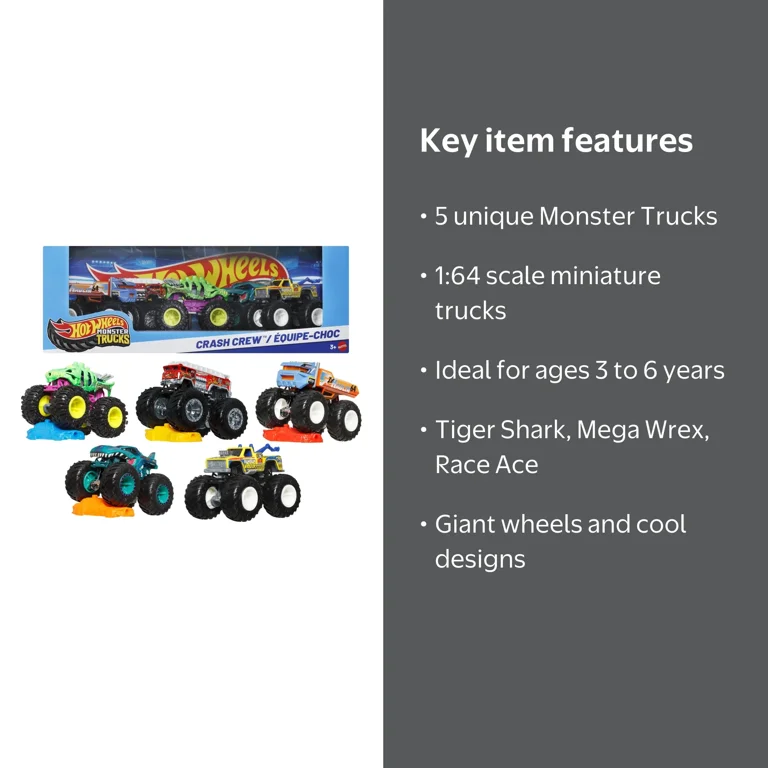 Hot Wheels Monster Trucks Crash Crew, 5-Pack of 1:64 Scale Toy
