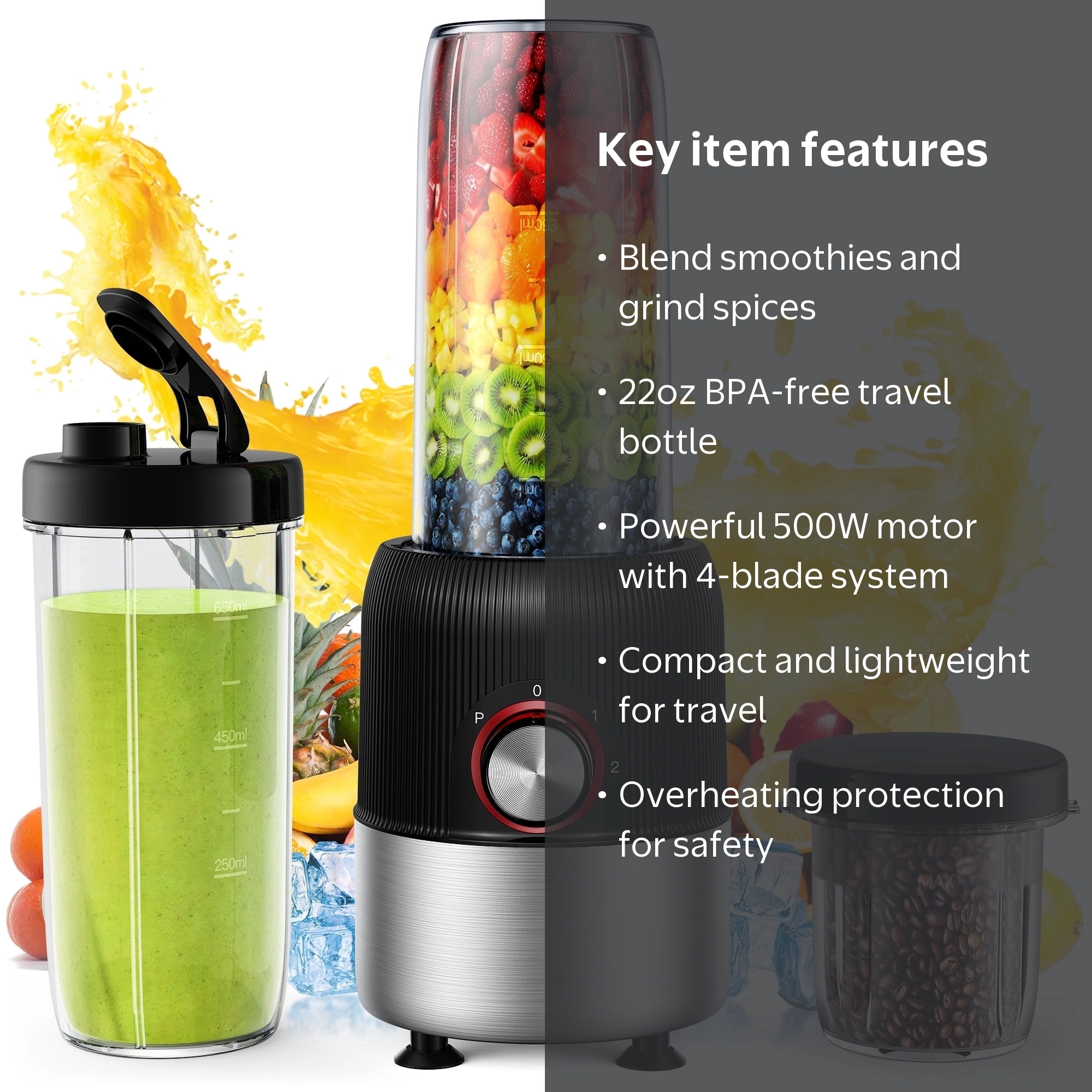 Suodoka 2-in-1 Multipurpose Blender, 500W, 22oz Bottle, Smoothies