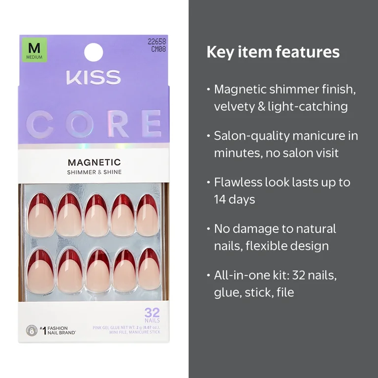 KISS, Magnetic Press On Nails, Almond, 32 Count, Red, Medium