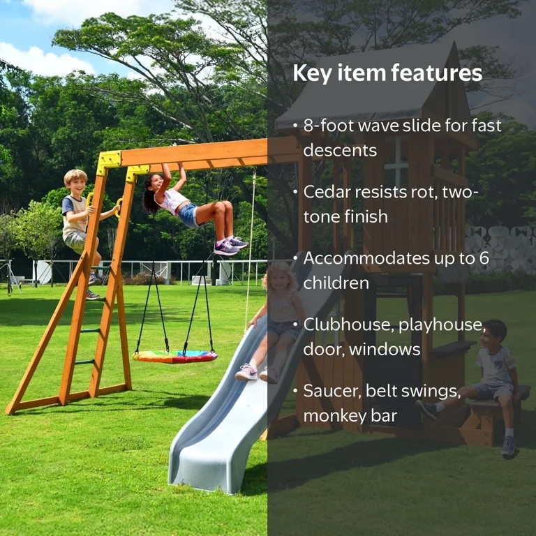 KloKick Cedar Wooden Swing Set with 8' Wave Slide, Metal Monkey
