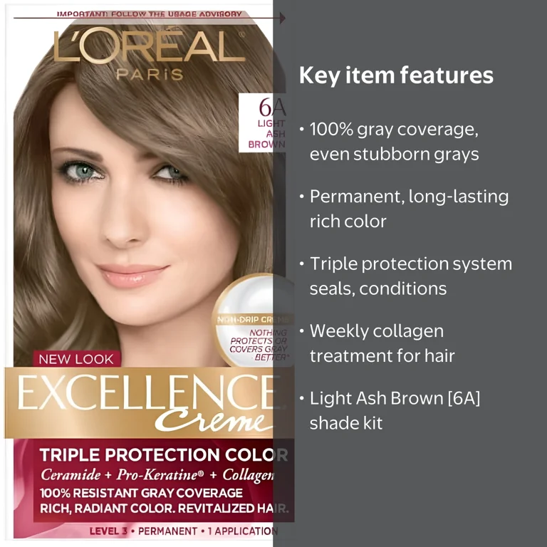 L'Oreal Paris Excellence Creme Haircolor, Light Ash Brown 6A, 100