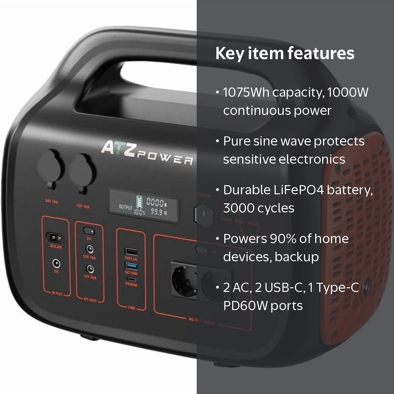 ATZ SK9V Portable Power Station 1075WH/1000W LiFePo4 Battery with