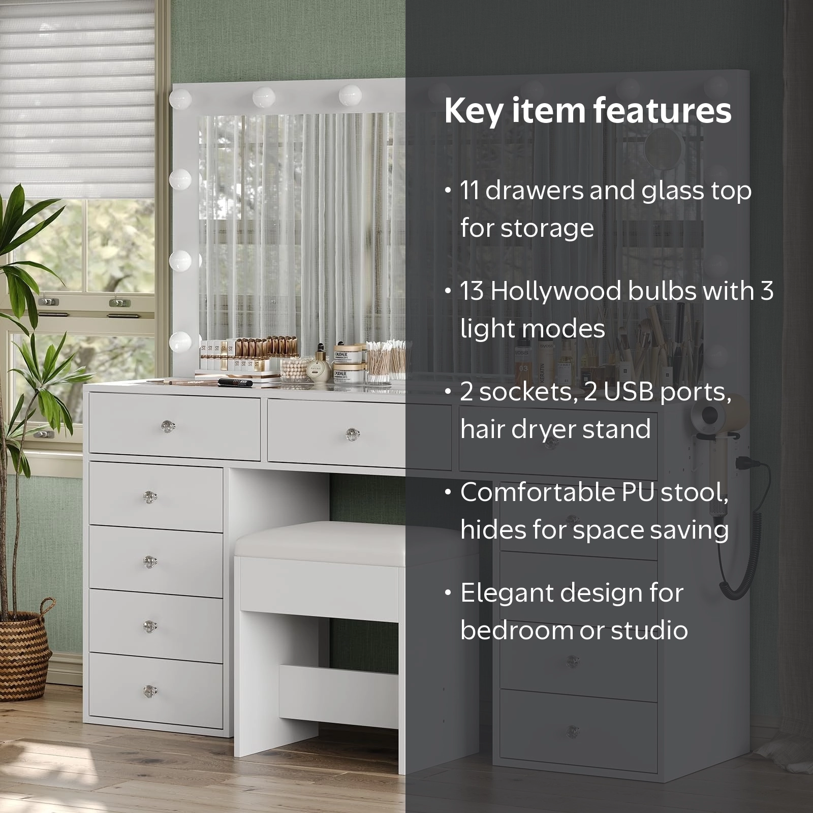Yanosaku, Vanity Makeup Set, 11-Drawer Glass Top with Mirror