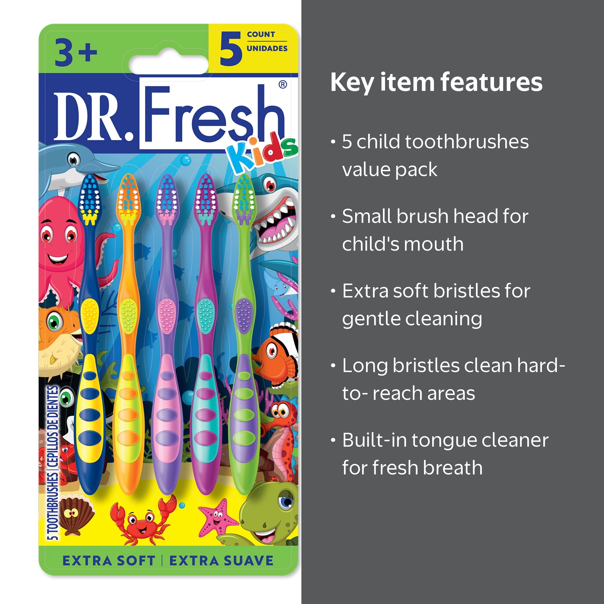 Dr. Fresh Kids Dental Toothbrushes, Non-Slip Handle, Soft Bristles