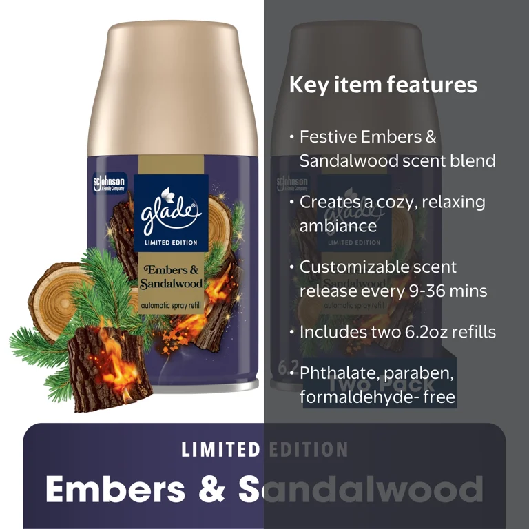 Glade® Automatic Spray Air Freshener Refill, Christmas Holiday Embers & Sandalwood , 6.2oz., 2 Count