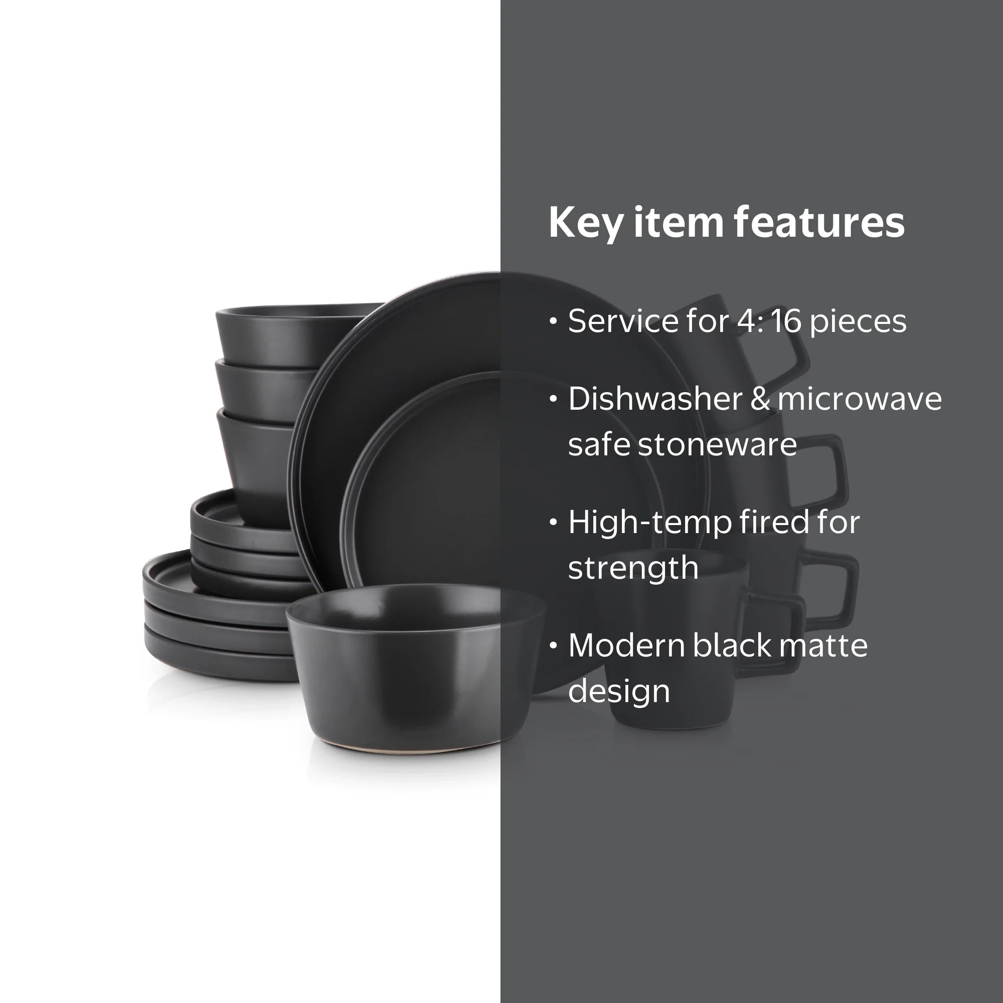 Stone Lain, Dinnerware Set, 16-Piece, Modern Black Matte - Walmart.com