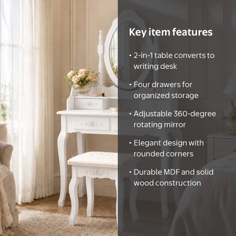 Ktaxon Vanity Set with Mirror and Chair, White, 4 Drawers, Rotated Mirror, Wood Makeup Desk
