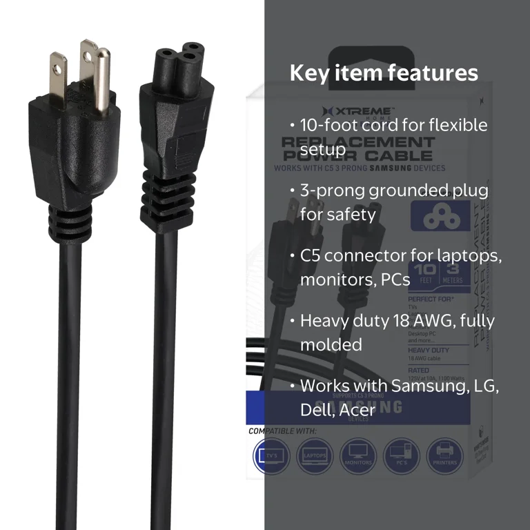 ケーブル Xtreme 3 Prong 10ft Replacement Power Cable for Samsung and LG