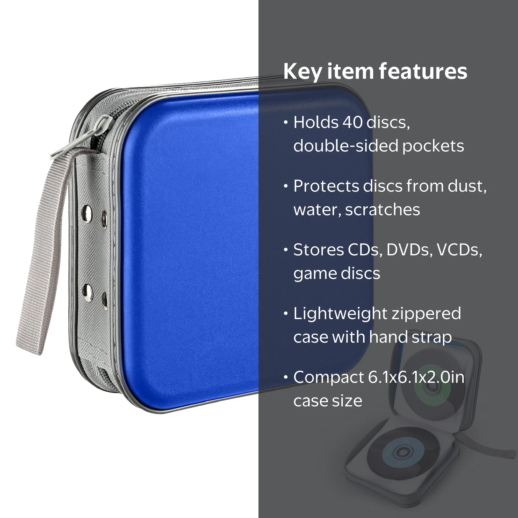 TSV 40 Capacity CD DVD Case, Blue, Zipper Disc Organizer, Durable