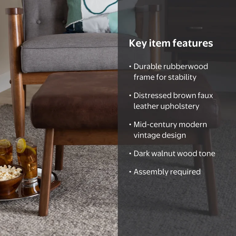 Bakari Mid-Century Modern Walnut Wood Dark Brown Distressed Faux