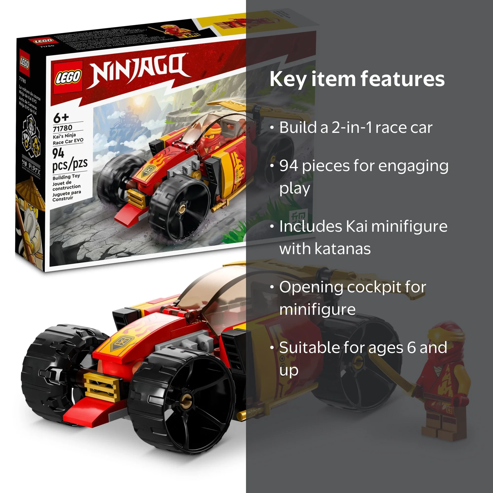 LEGO NINJAGO Kai's Ninja Race Car EVO, 2 in 1 Toy Set, Off Road or